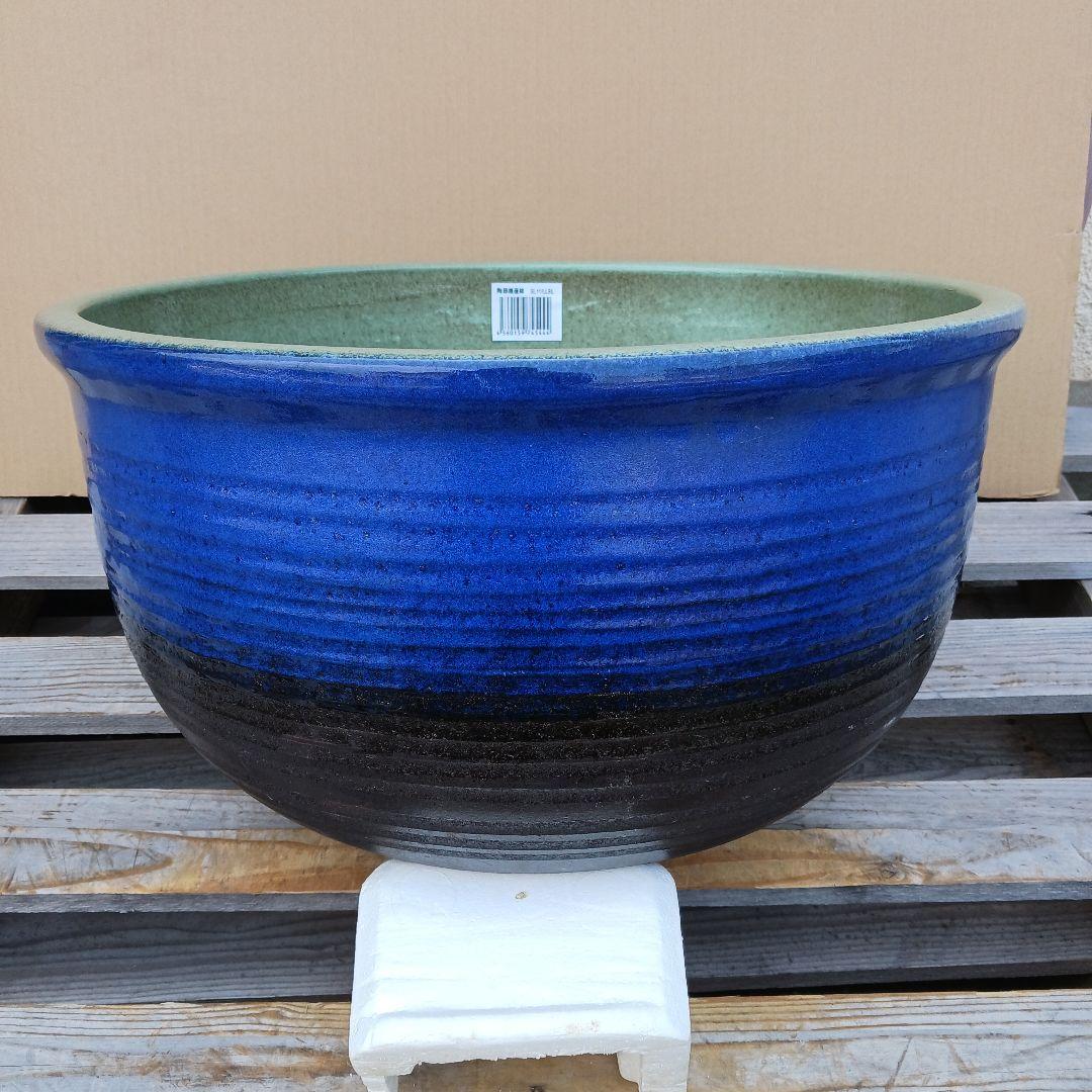 新品　特大　∅50　陶器　睡蓮鉢　メダカ鉢　ヒスイグリーン　手造　青＆緑　LLB