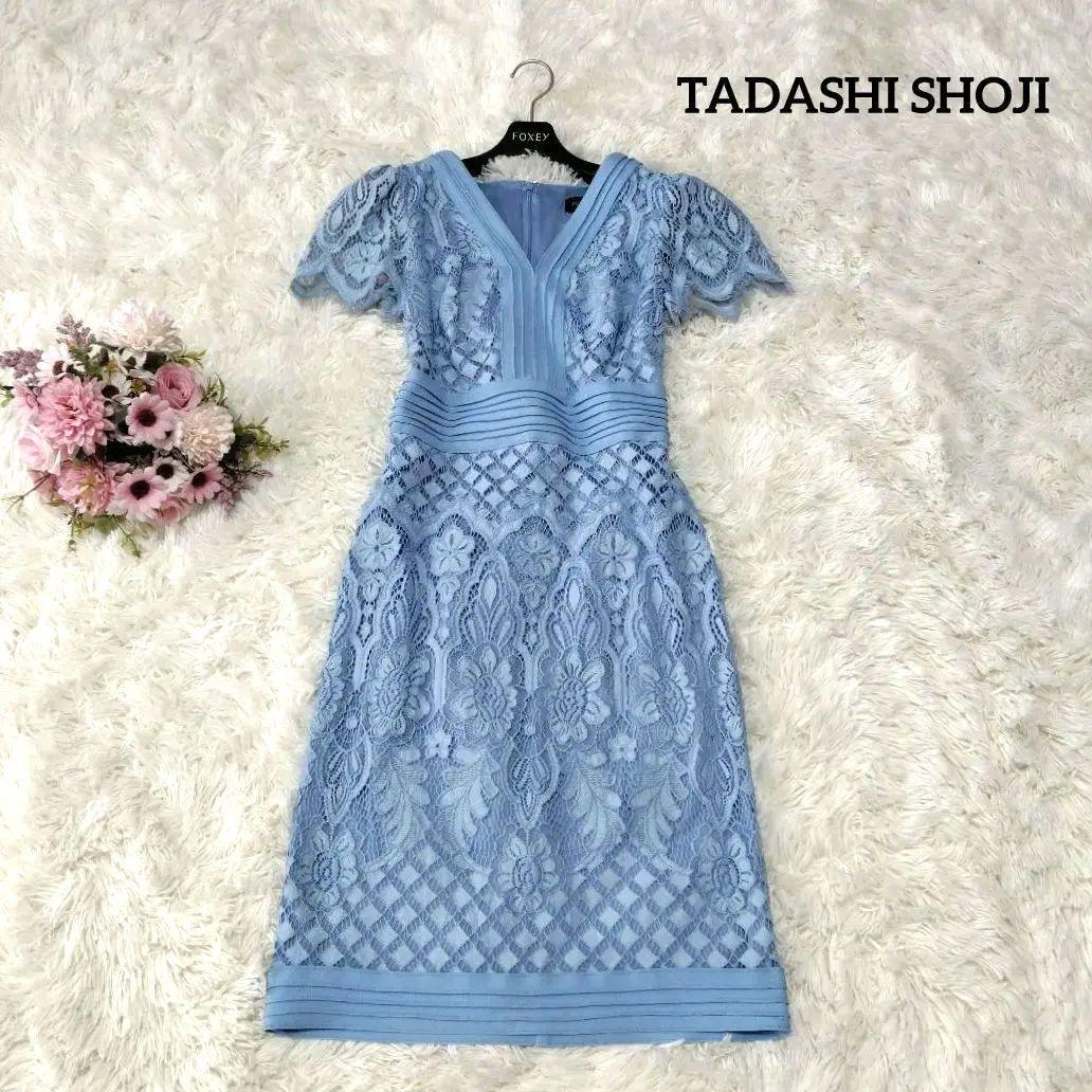 【美品♡美シルエット】タダシショージ　Vネックコードレースドレス　フィット　水色