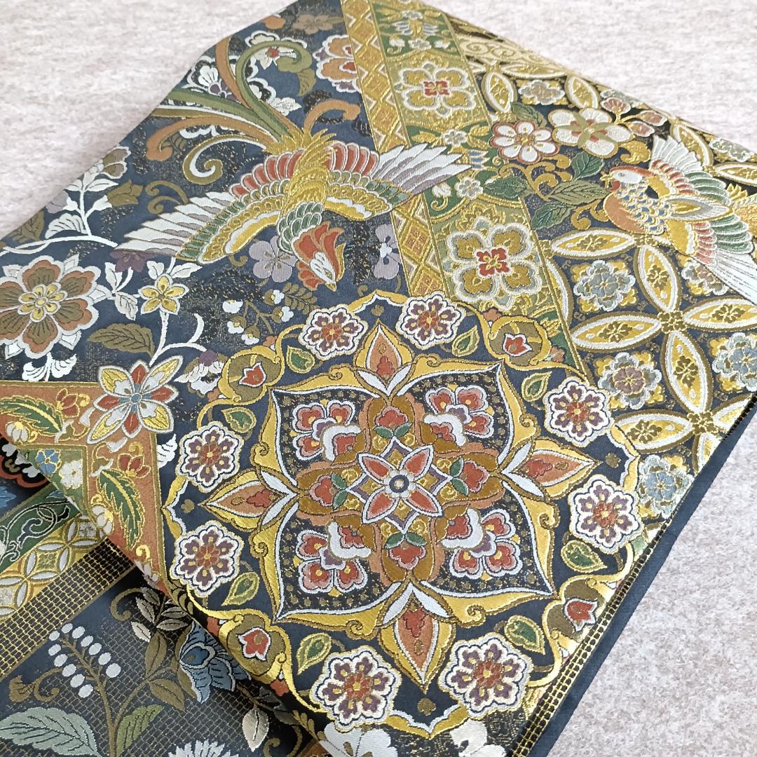 ◆1016◆全通柄　袋帯　本金箔超極細織錦　唐渡花鳥全通　西陣織　正絹　着物帯