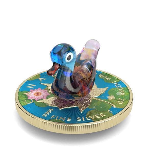 新品　1オンス カナダ ムラノグラス・メイプルリーフ：アオクビアヒル 銀貨
