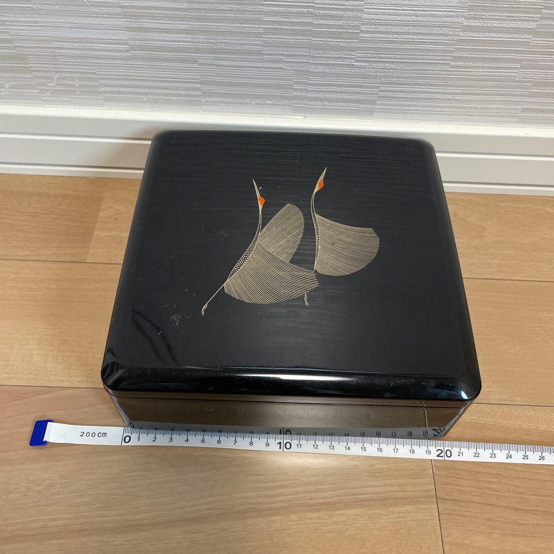漆製 重箱 鶴と葉のデザイン 約20cm
