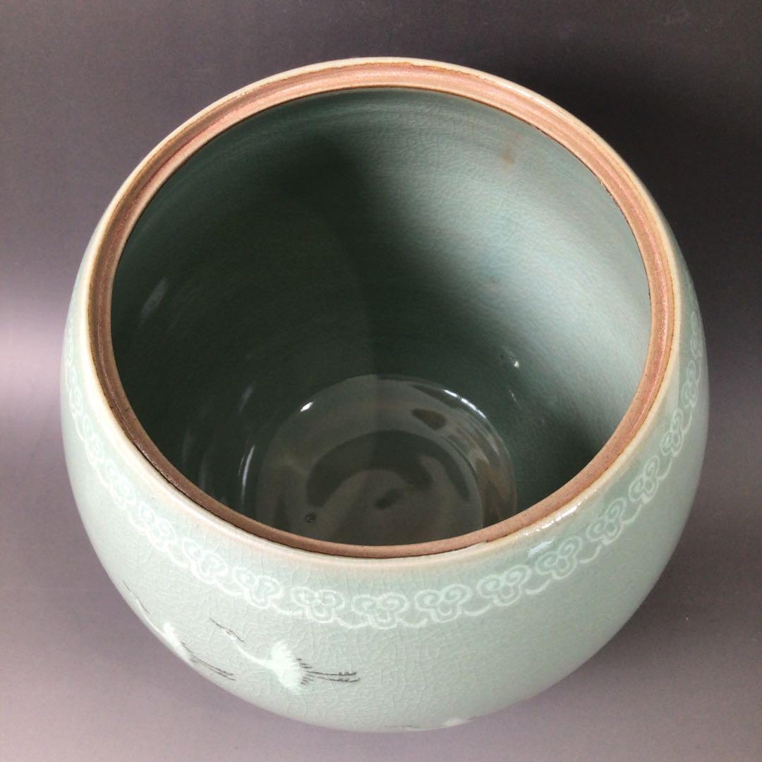 Ｒ９７６　水指　『如泉窯　李連休造』『雲鶴文』『高麗青磁水指』　共箱　茶道具