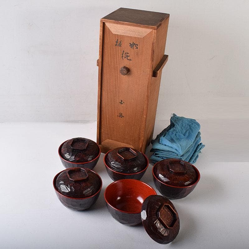 茶懐石道具　讃岐漆器　後藤塗　蓋付吸物碗　5客　共箱　N　7681C