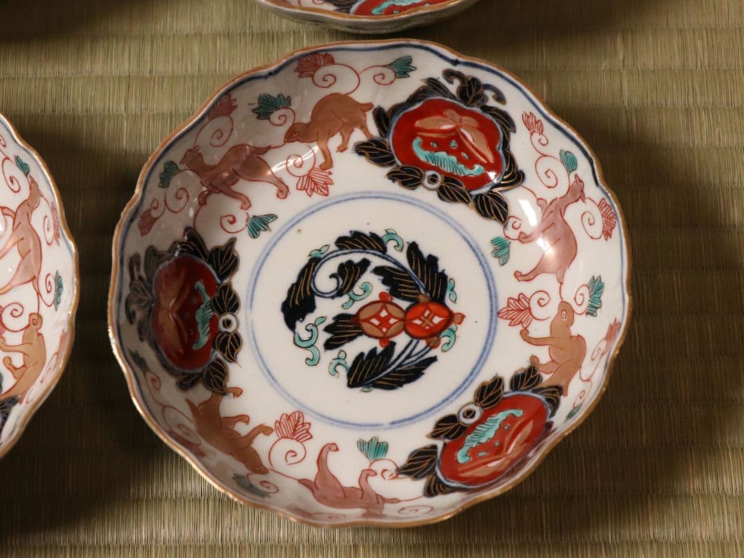 冨貴長春 古伊万里 花唐草獣図 色絵 なます皿 六客 中皿 鉢 錦手【CM12】
