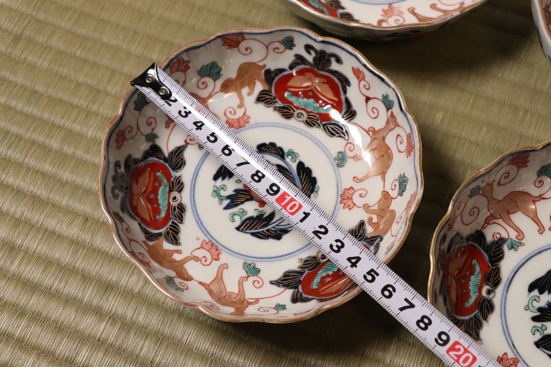 冨貴長春 古伊万里 花唐草獣図 色絵 なます皿 六客 中皿 鉢 錦手【CM12】