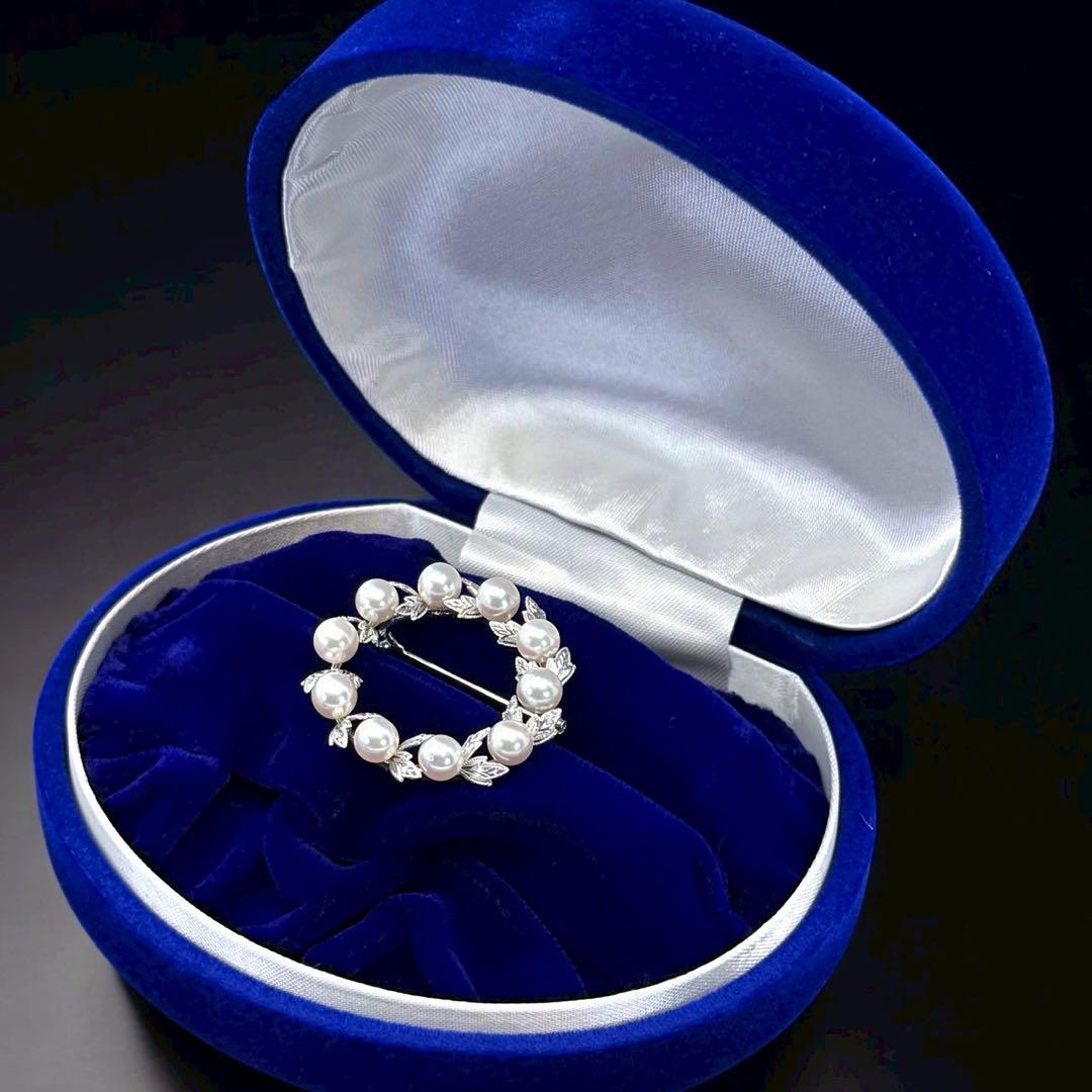 【極上】ミキモト　アコヤ　本真珠　パール　ブローチ　シルバー　サークル　リーフ