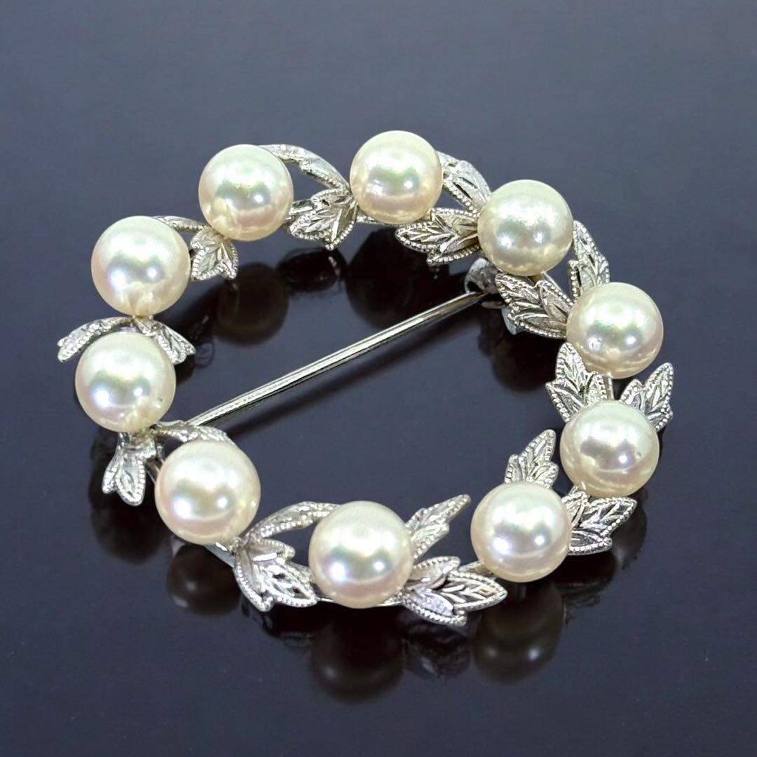 【極上】ミキモト　アコヤ　本真珠　パール　ブローチ　シルバー　サークル　リーフ