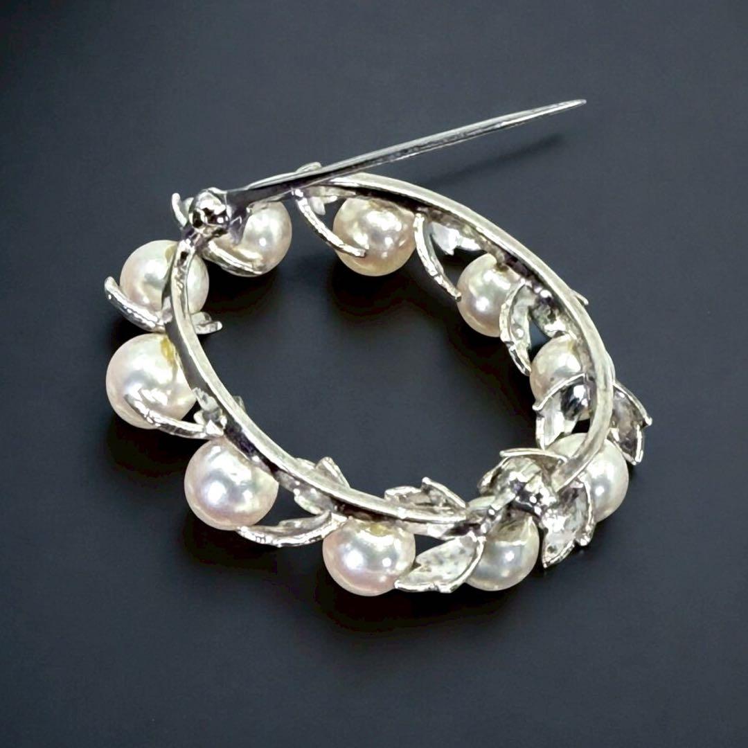 【極上】ミキモト　アコヤ　本真珠　パール　ブローチ　シルバー　サークル　リーフ