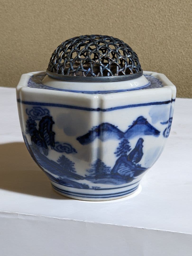 ⭐希少遺品少数 高橋道八造 江戸時代 染付山水帆掛け舟文 銀火屋 香炉 骨董品