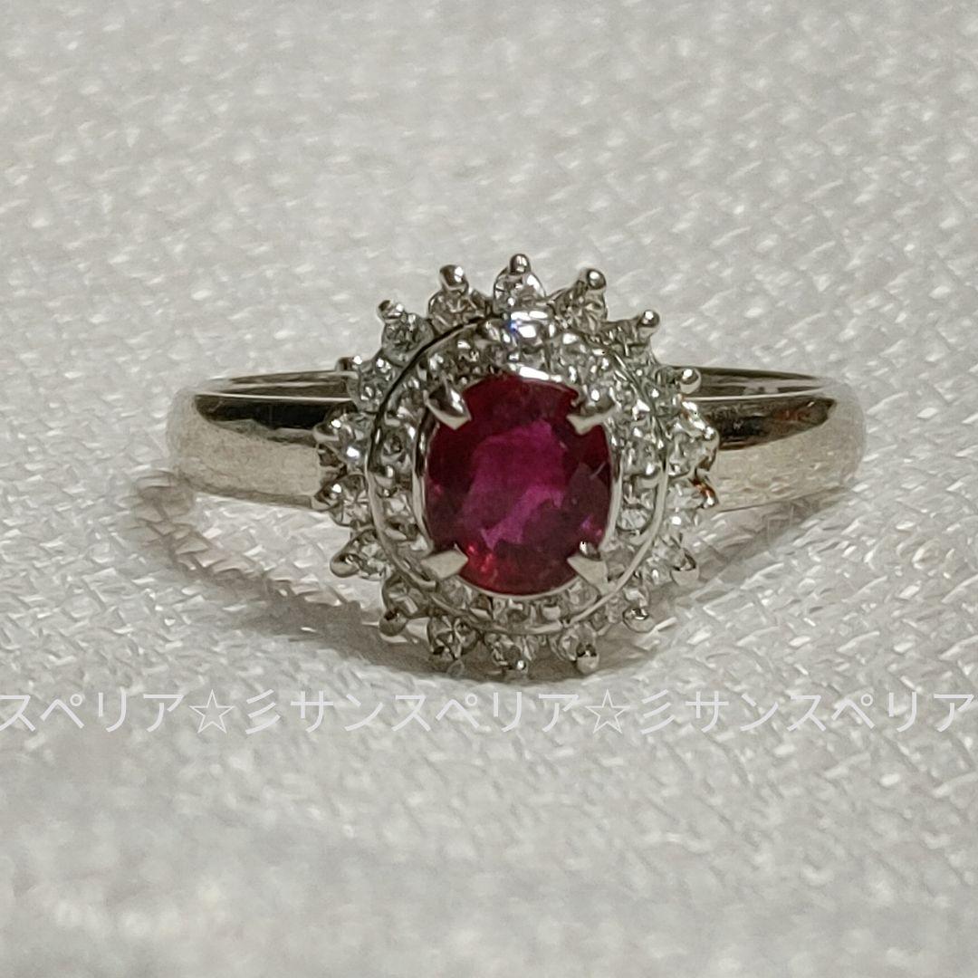 Pt850 ルビー0.65ctとダイヤモンド0.29ctのフラワーリング