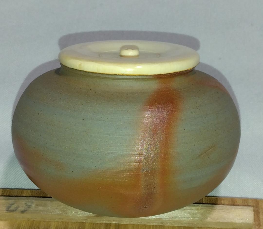 茶道具　備前焼茶入　木村陶峰作　備前焼火襷文中海茶入　藤種緞子仕覆付　美品！！