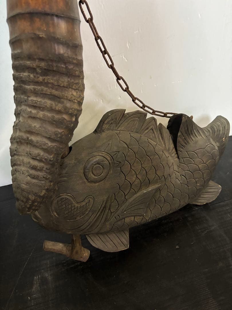 自在鉤　木彫り　鯛　囲炉裏　工芸品　古道具　古美術
