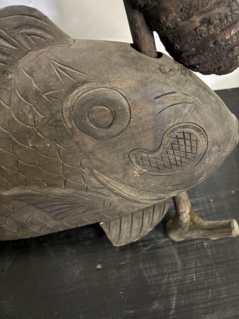 自在鉤　木彫り　鯛　囲炉裏　工芸品　古道具　古美術