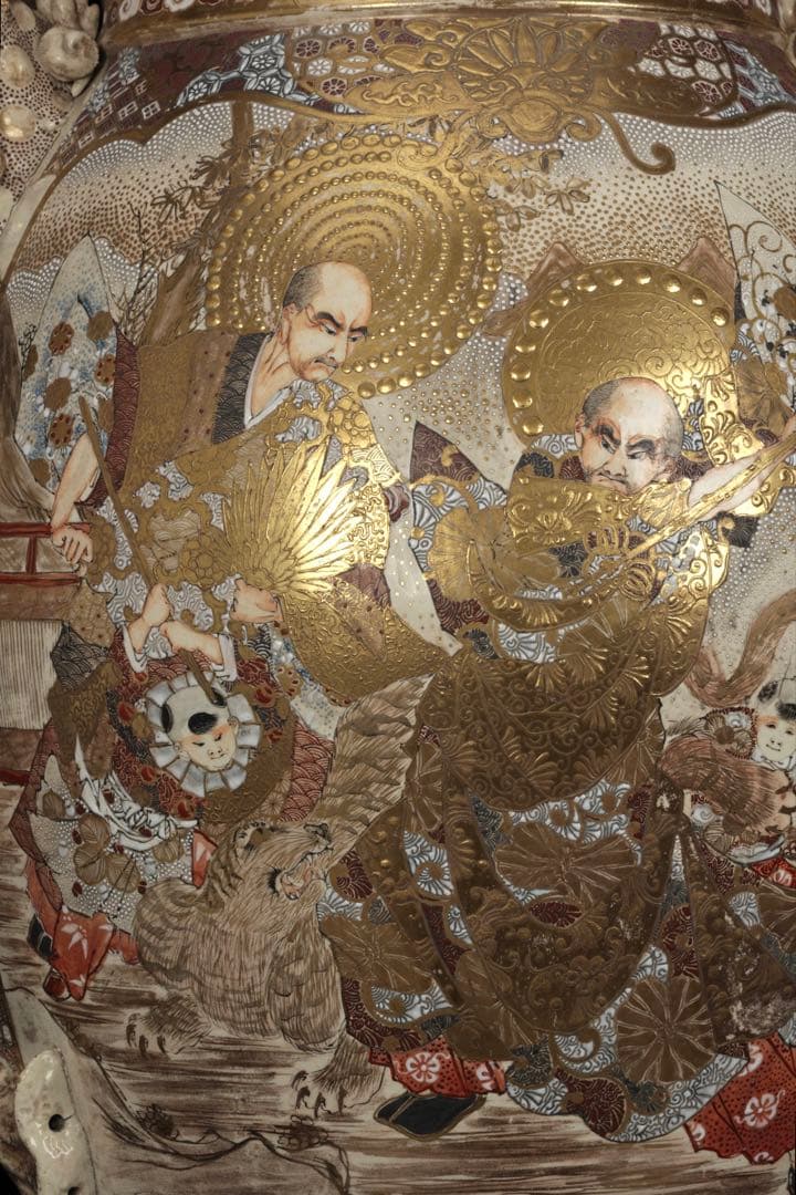 【極上薩摩焼】特大金襴手色絵賢人図獅子摘蓋獅 香炉 飾壺 時代骨董 古美術アート