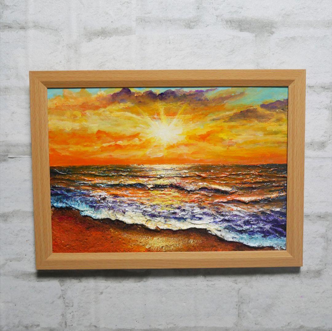 油絵 油彩 油彩画 絵 絵画【夕日に染まる海】A4