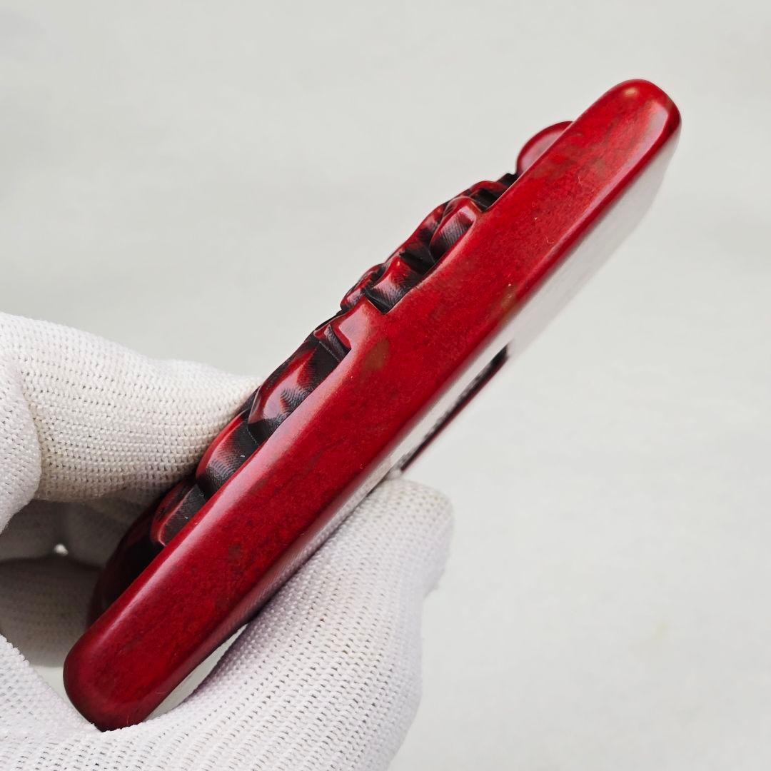 古文房具 鶏血石 鶏血玉 高浮彫 梅花仙桃紋 筆添 石硯 程良制在銘