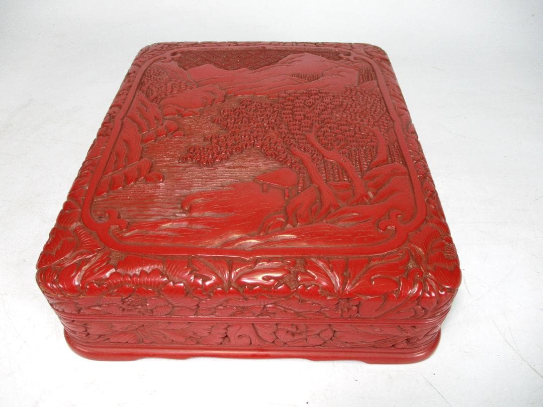 堆朱　漆器　山水図　文庫　文箱　硯箱　木製　緻密彫刻　文房具　中国美術　時代物