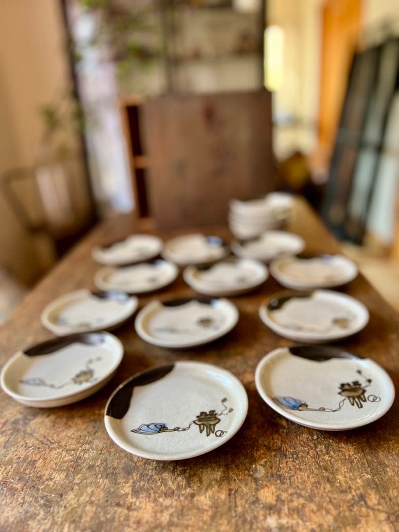 時代　茶道具柄　手塩皿まとめて箱入り　織部　小皿　アンティーク　古道具　古陶磁器