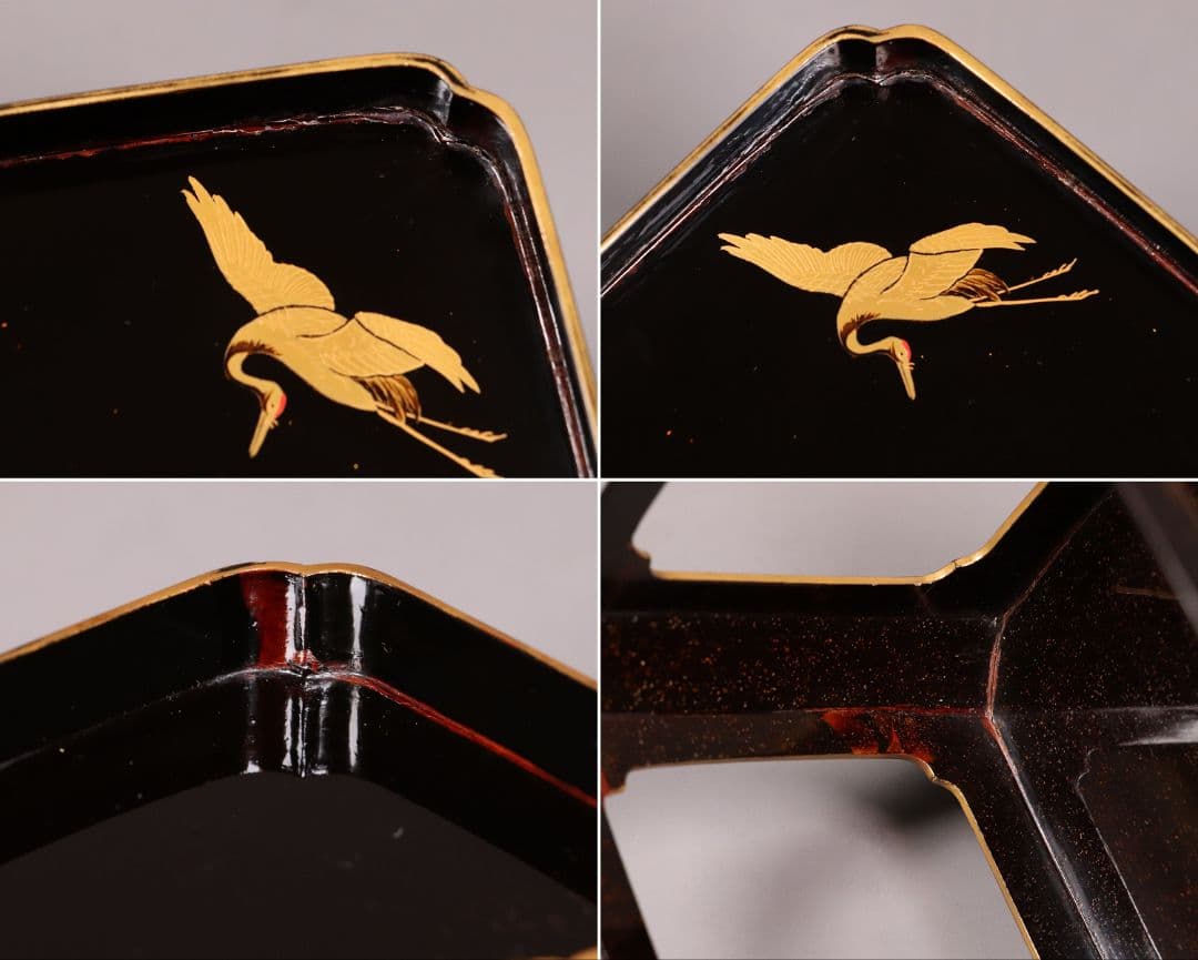 時代木製漆器 宝尽くし 朱塗三ッ組杯 鶴亀松竹梅 黒高台 金蒔絵 MA342