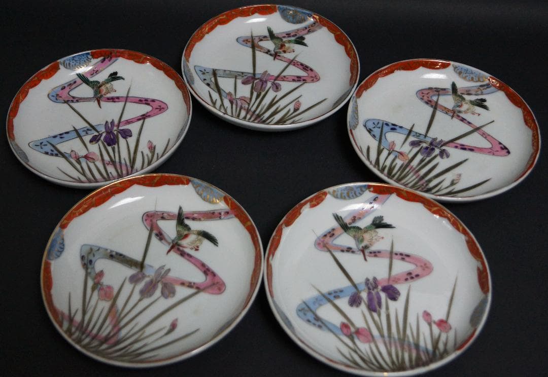 明治期 金彩色絵『菖蒲鳥文』皿 銘々皿 五客セット