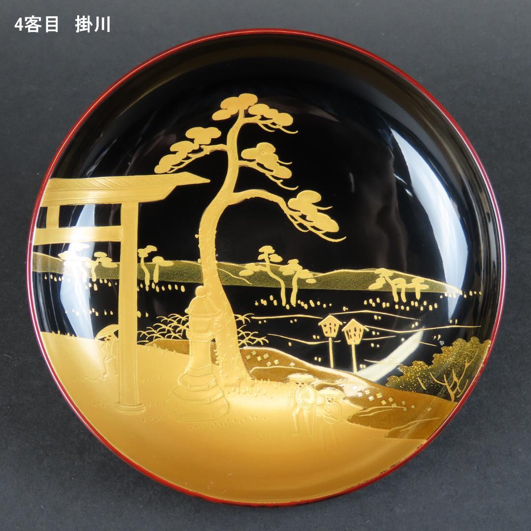 315 美品良好 東海道五十三次図蒔絵 特選越前塗作家 吸物椀５客木製/輪島塗