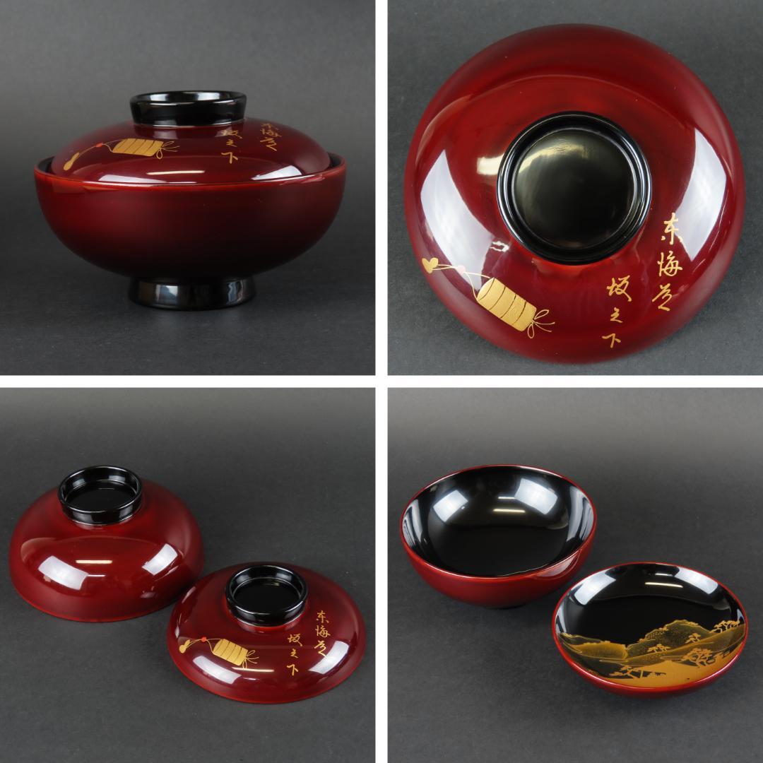 315 美品良好 東海道五十三次図蒔絵 特選越前塗作家 吸物椀５客木製/輪島塗