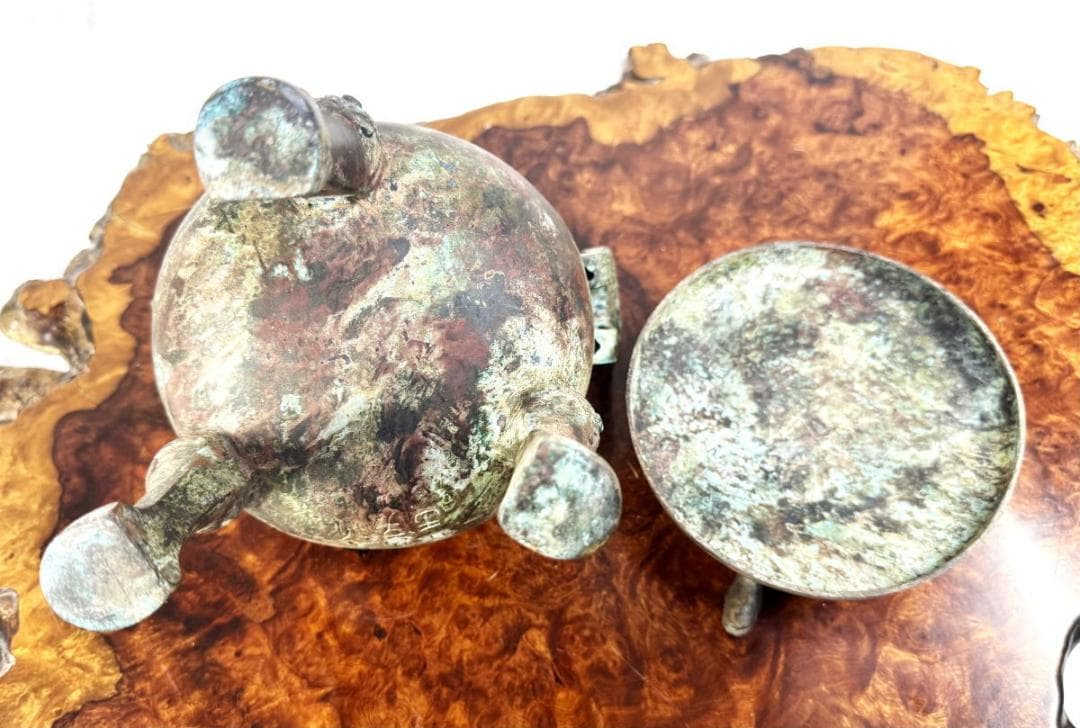 春秋戰國時代 青銅製 蛇蓋刻古文字圓鼎 箱付 古美術 時代品伝世品WWST082