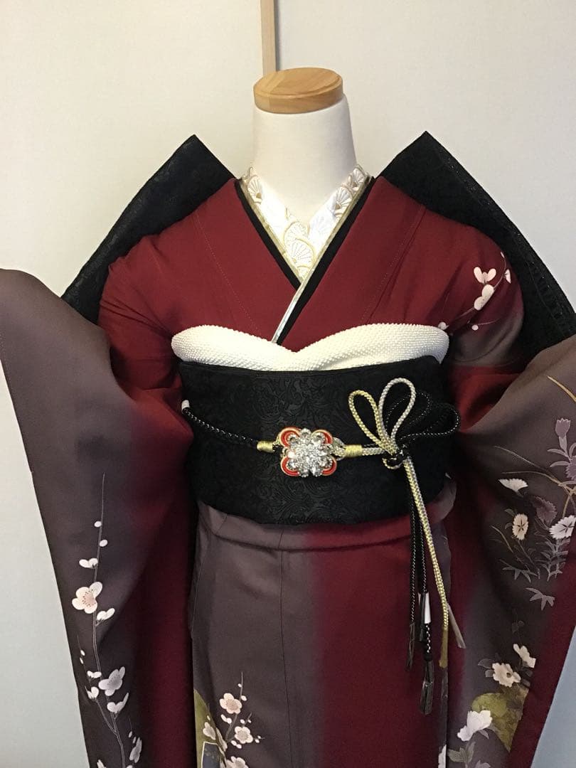 振袖セット　赤　エンジ　牡丹花　金彩　振袖6点セット　正絹　成人式　卒業式