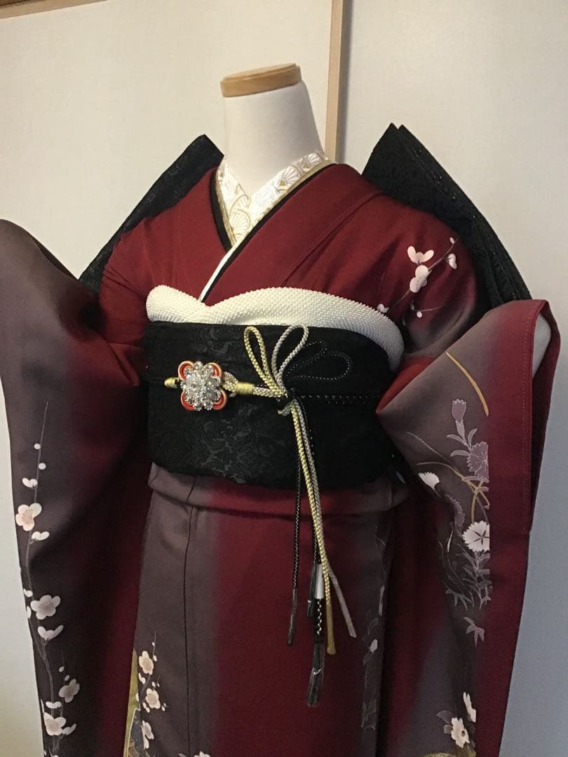 振袖セット　赤　エンジ　牡丹花　金彩　振袖6点セット　正絹　成人式　卒業式
