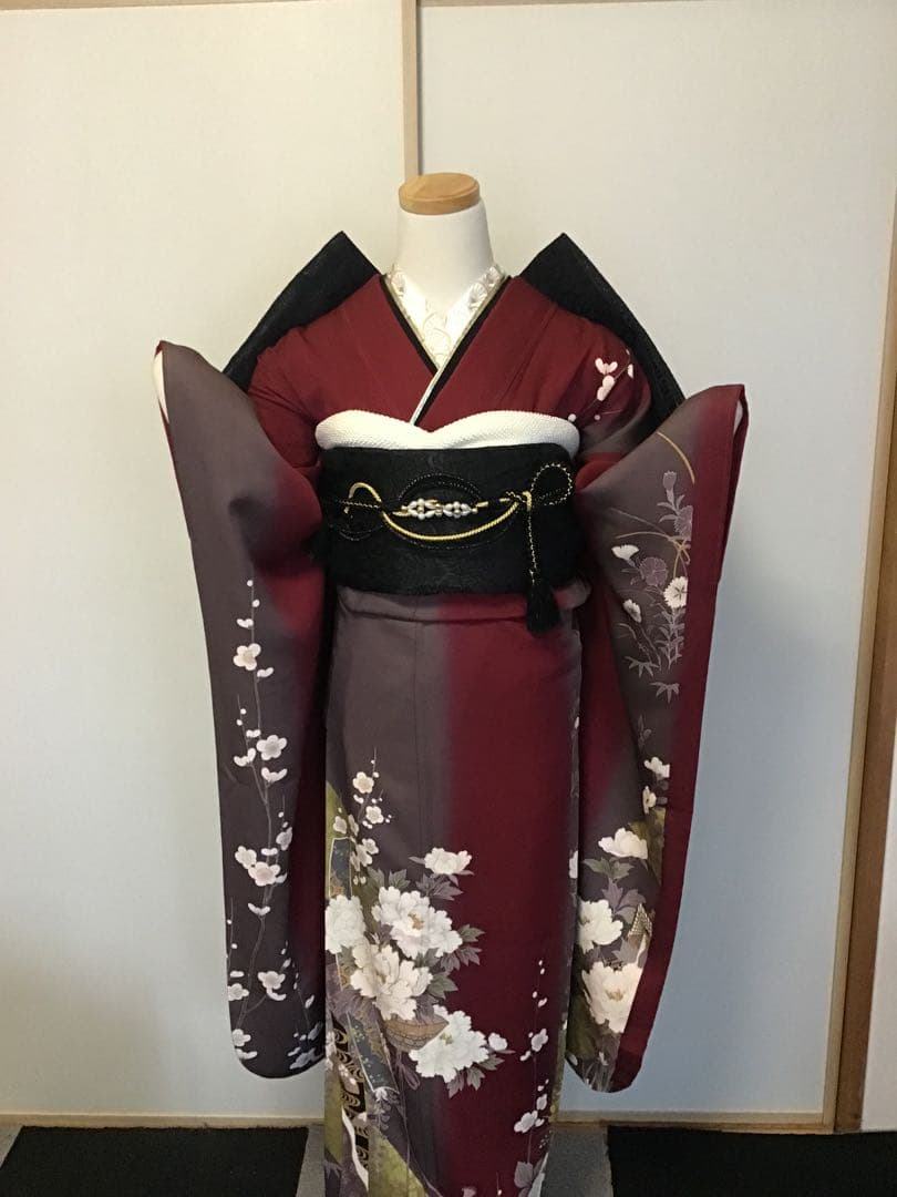 振袖セット　赤　エンジ　牡丹花　金彩　振袖6点セット　正絹　成人式　卒業式
