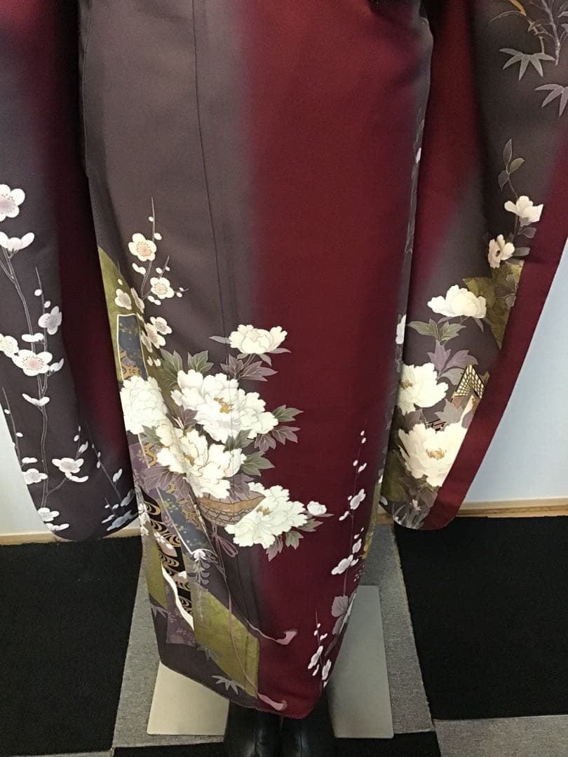 振袖セット　赤　エンジ　牡丹花　金彩　振袖6点セット　正絹　成人式　卒業式