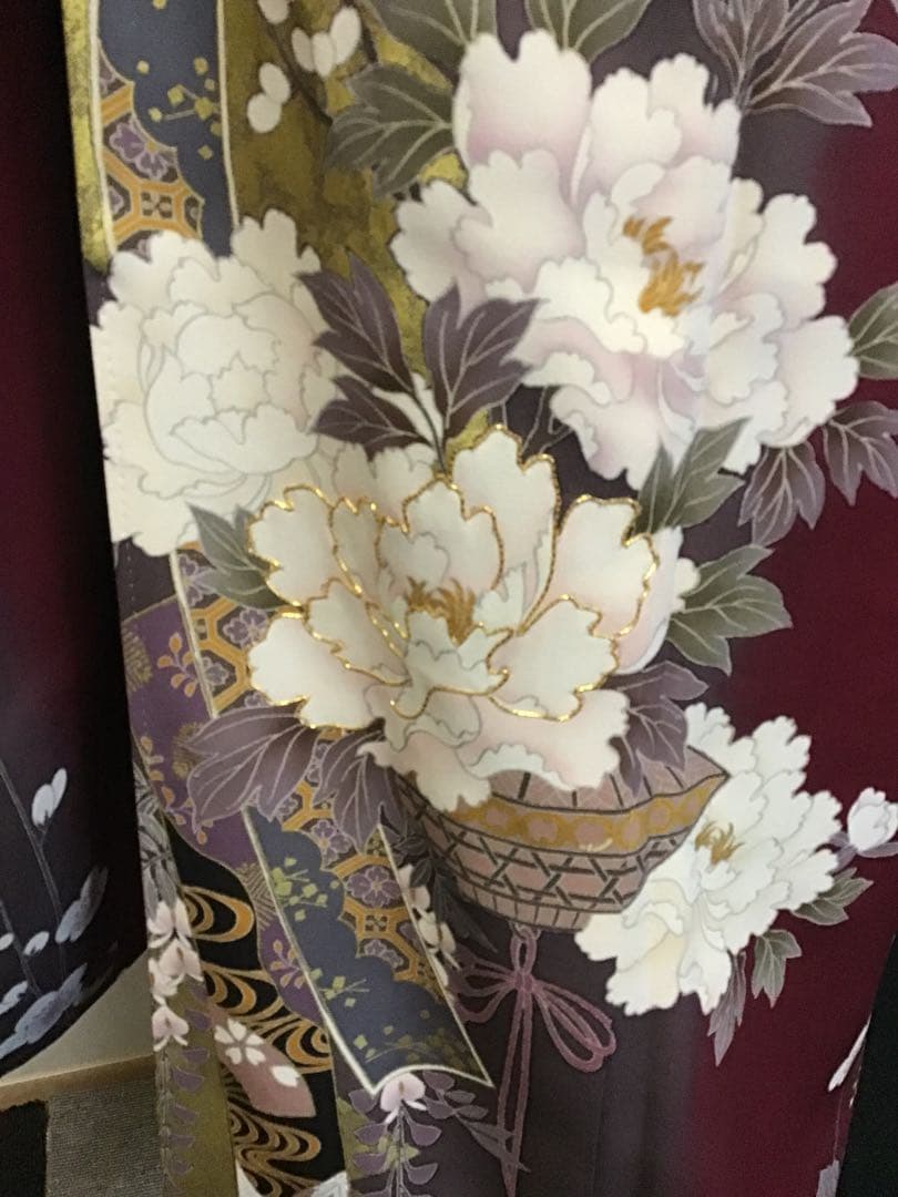 振袖セット　赤　エンジ　牡丹花　金彩　振袖6点セット　正絹　成人式　卒業式