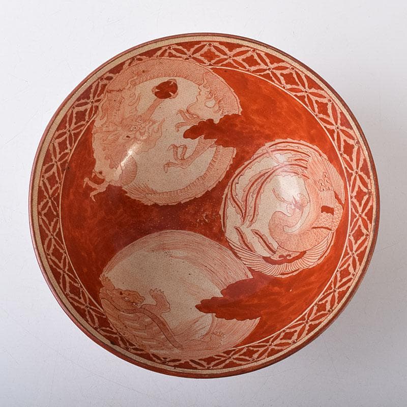 九谷焼　古九谷　八郎手　赤絵　神獣文　鉢　時代箱　M　R8749