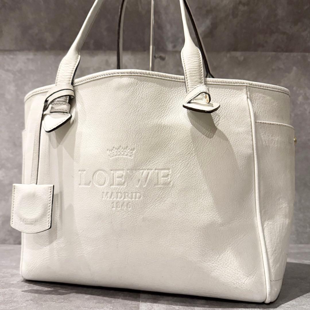 ⭐️ロエベ⭐️ヘリテージ レザー トートバッグ ホワイト ロゴ型押し