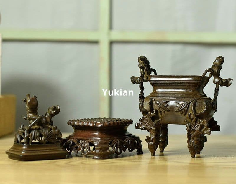 竹節四足二重薫香炉 両耳鼎 薫香炉 茶卓 置物 装飾品 工芸品 美術品