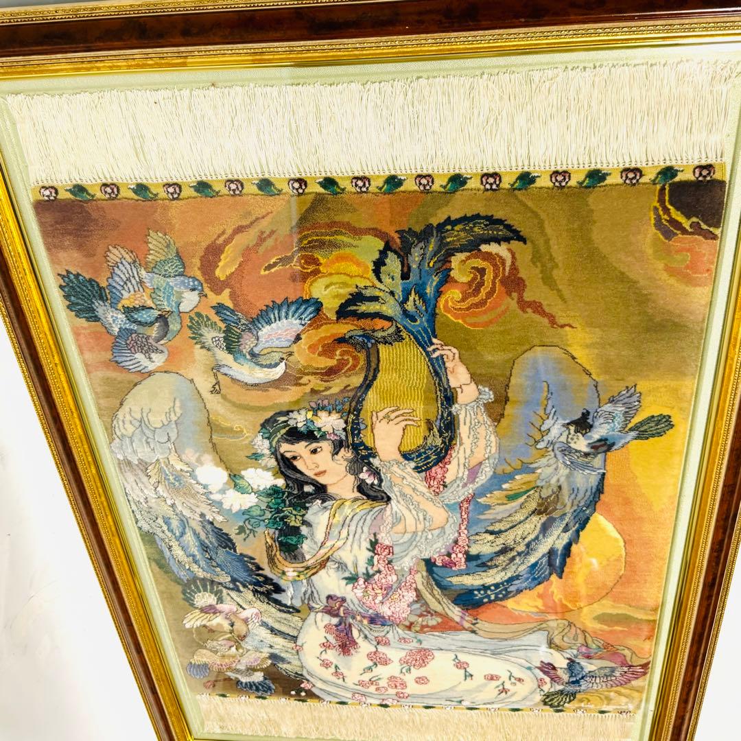 中国美術 手織り シルク 段通 緞通 天女 手織り絨毯 飾り 額付き 骨董