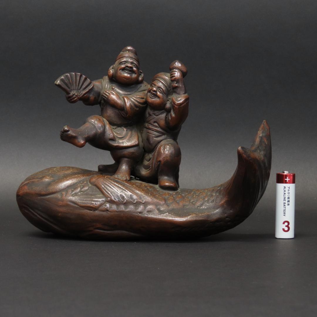 ⭕401 江戸時代末期 古備前焼 珍品 鯛に乗る恵比寿大黒様 高さ14cm