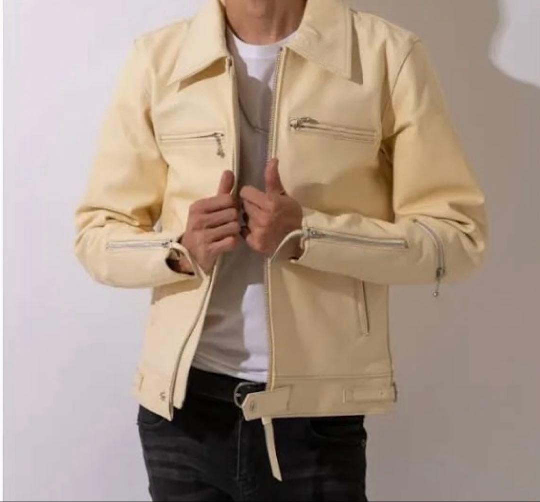 フリーダム　革ジャン　メンズ　襟付きシングルライダース　サイズL