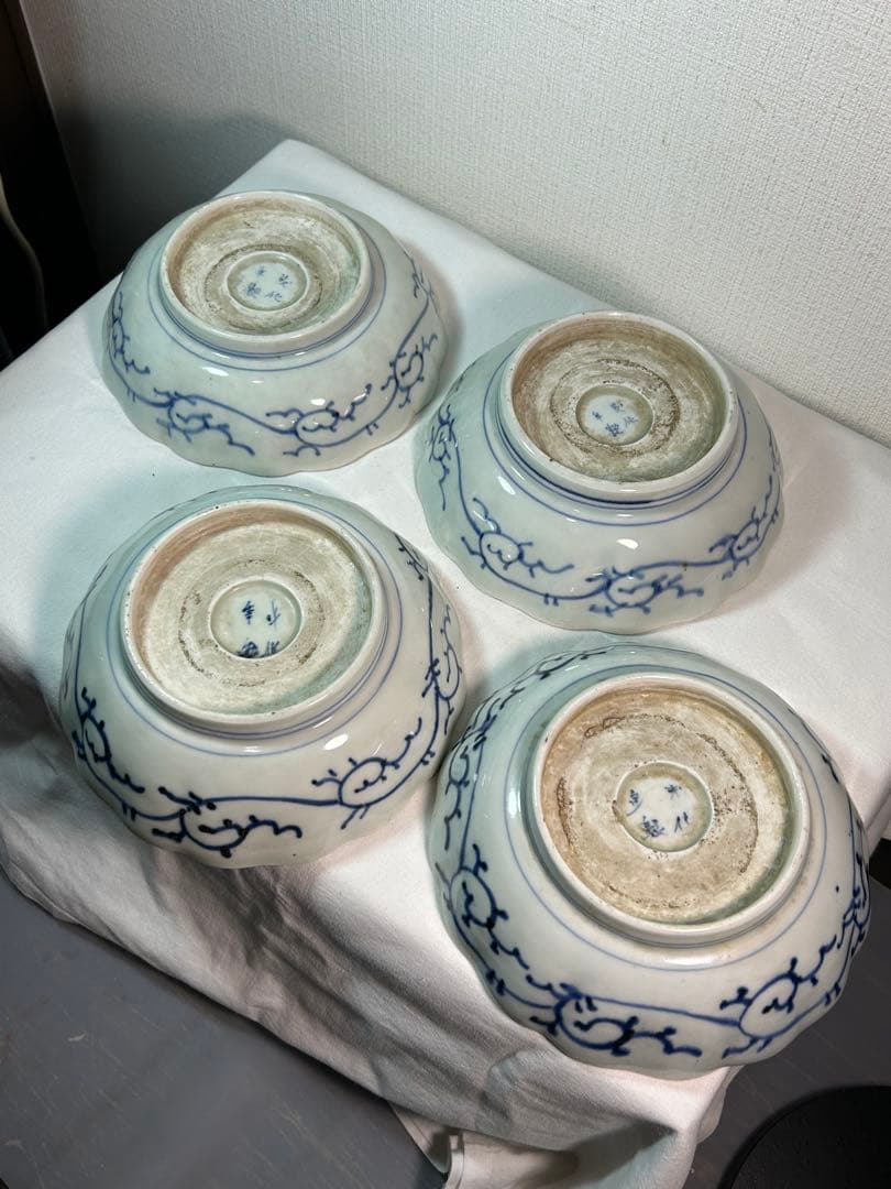 古伊万里染付　たこ唐草 膾皿　4枚 無傷 江戸時代後期(成化年製)