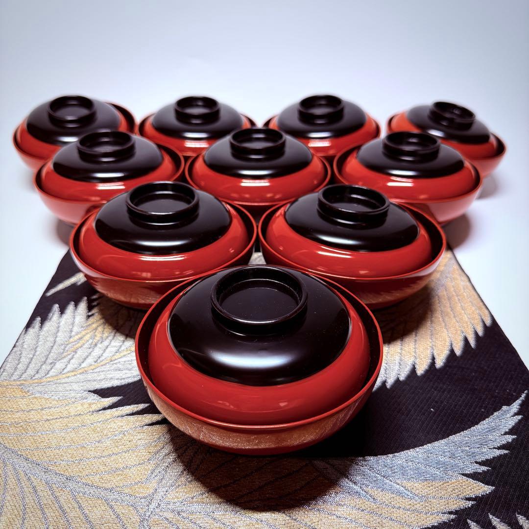 漆器輪島塗　蒔絵金彩細工　沈金木製　蓋付椀　お煮物椀　吸物椀　10客