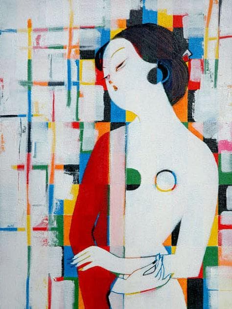 油絵 菅家令子 絵 絵画インテリア額付(青緑＋金色の枠)uF6-010911女性