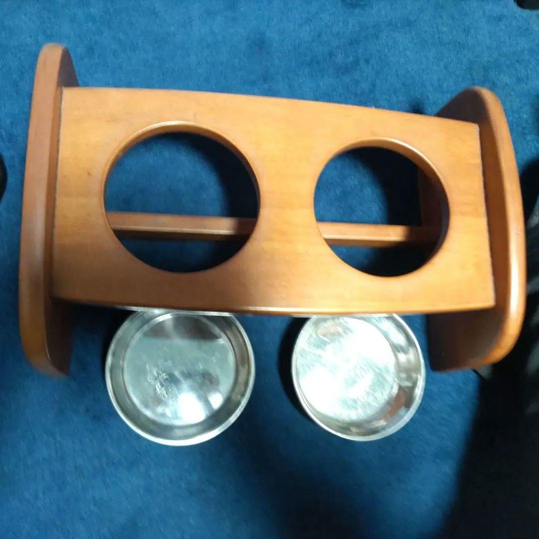 犬猫兼用　木製二重ボウル食器台