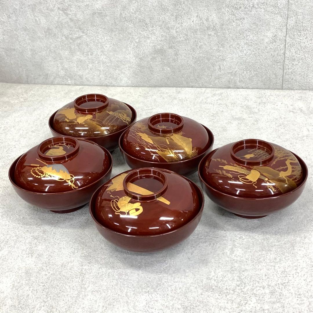 吸物椀 5客 絵変わり 塗り 溜絵 正月 賀正 金彩 汁椀 雑煮 A