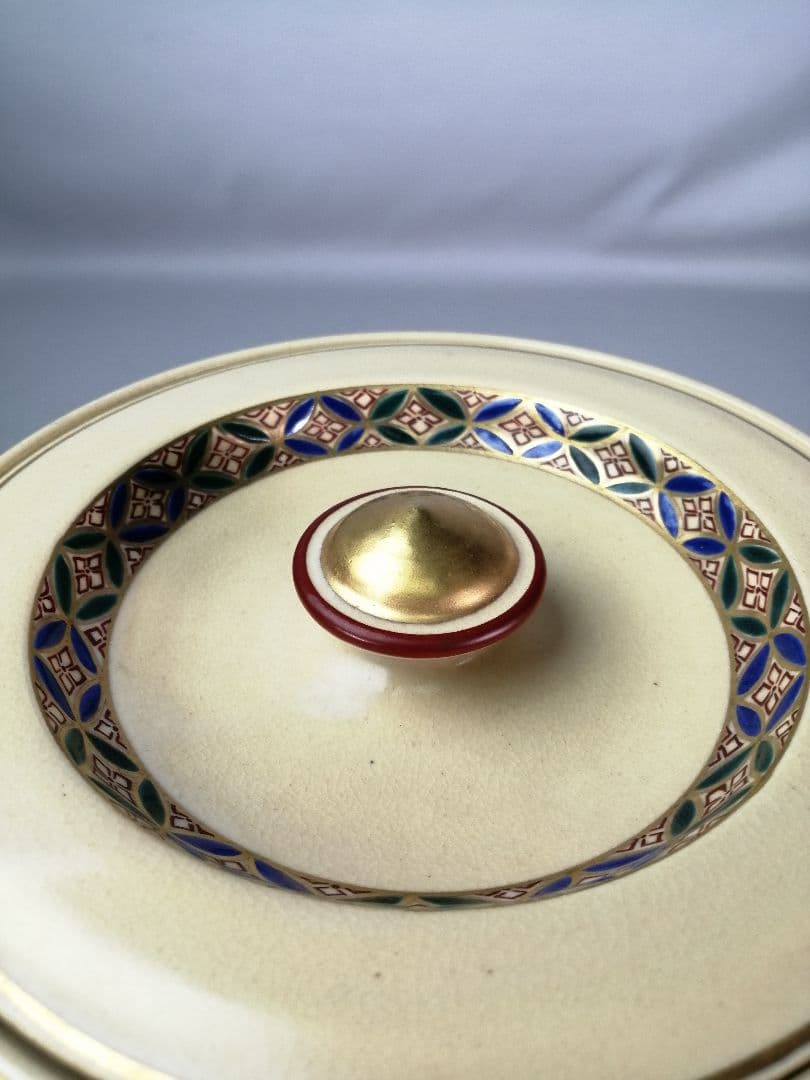 【茶道具】高台寺窯陶楽造　仁清写華七宝紋皆具　水指 建水 杓立 蓋置　水指400