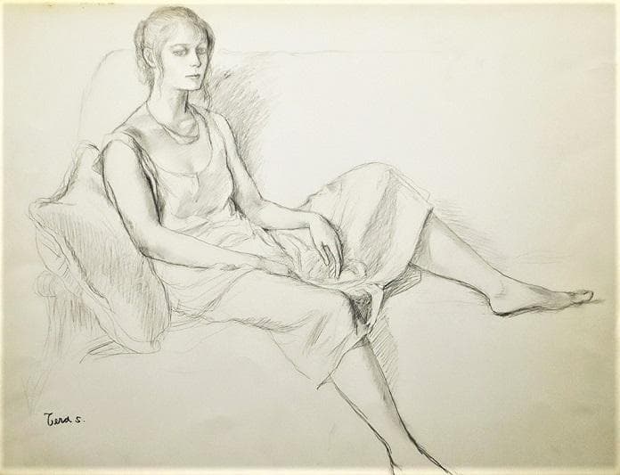 芸術院会員、光風会.，日展顧問の寺島龍一による直筆の鉛筆デッサン画パステルで彩色