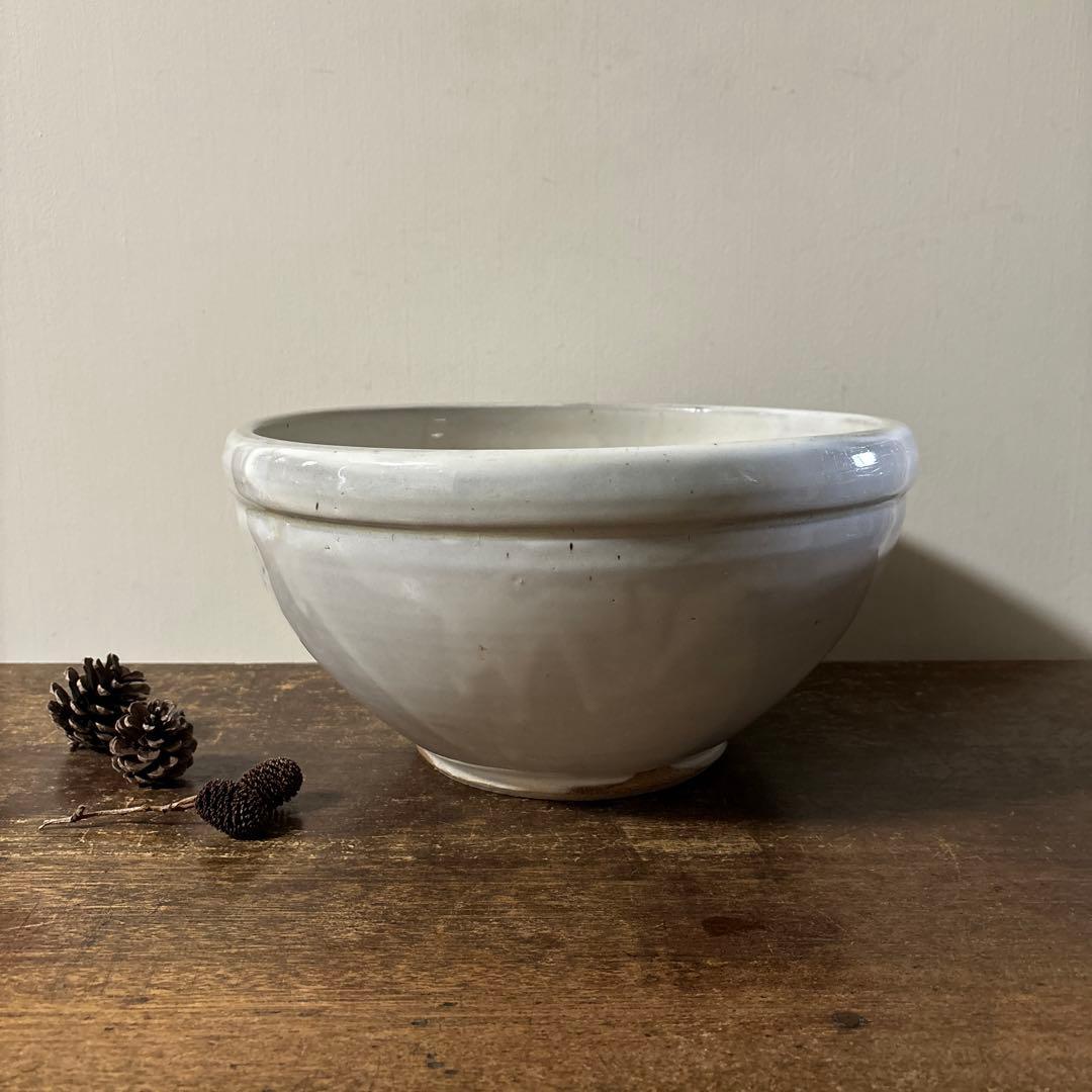 東北民窯　平清水焼　大鉢　白釉　花器　こね鉢　白磁　骨董　アンティーク　李朝