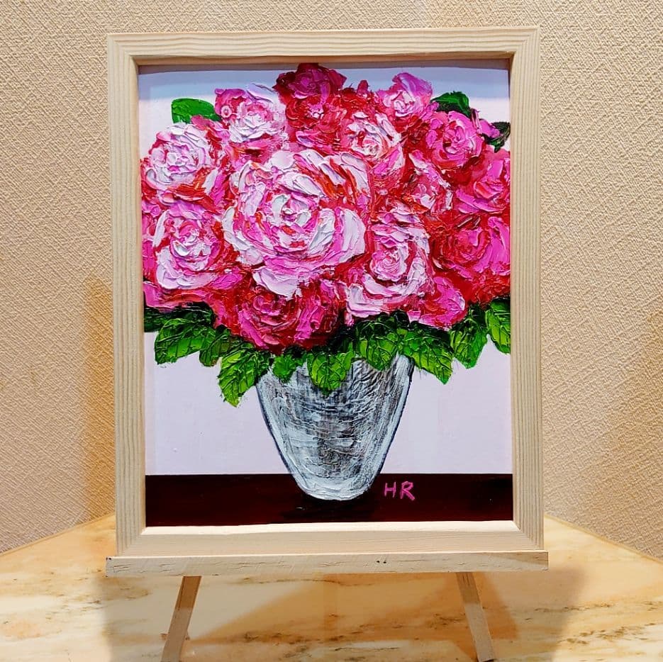 油絵 絵画【ピンク薔薇】【Ａ4】