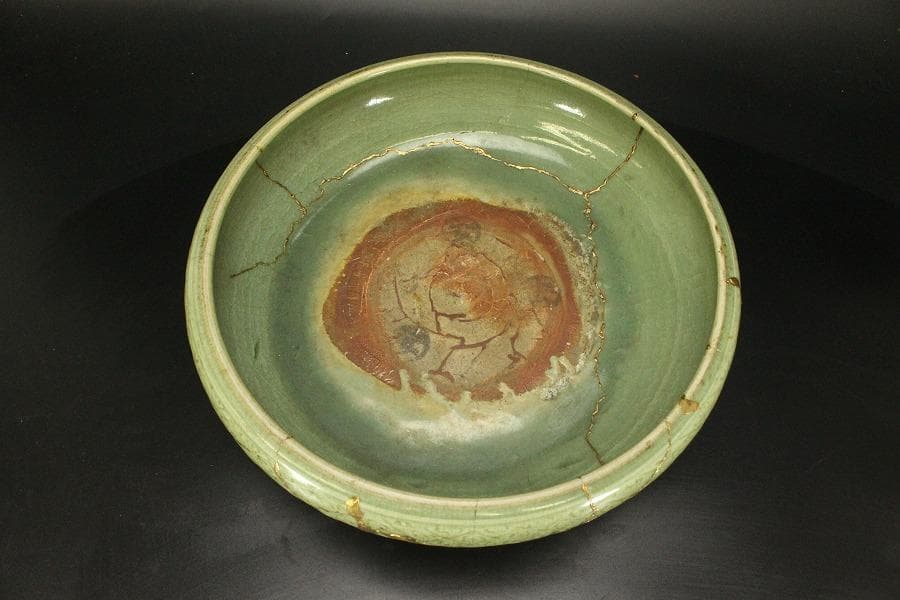 中国美術 七官青磁 三足 水盤 瓶掛 時代物(A880)