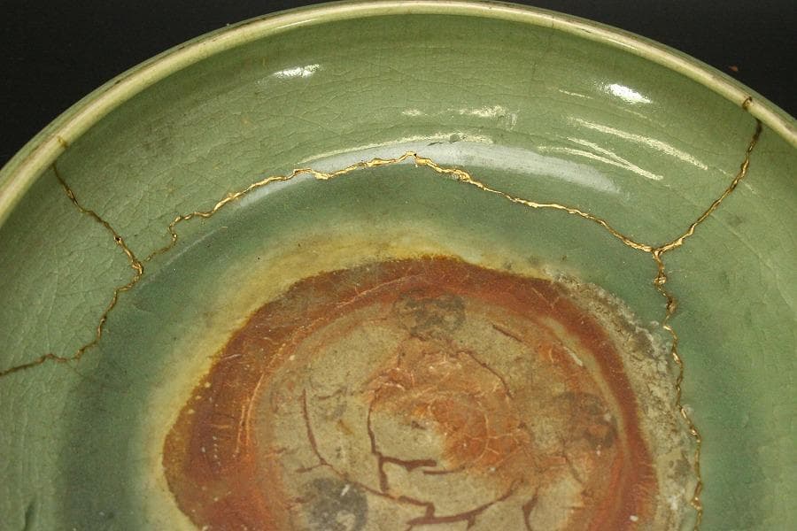 中国美術 七官青磁 三足 水盤 瓶掛 時代物(A880)