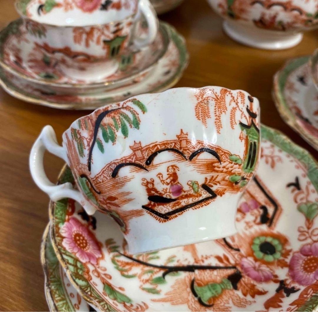 英国窯初期のアンティーク　カップ　ソーサー　プレート　シノワズリ c1880